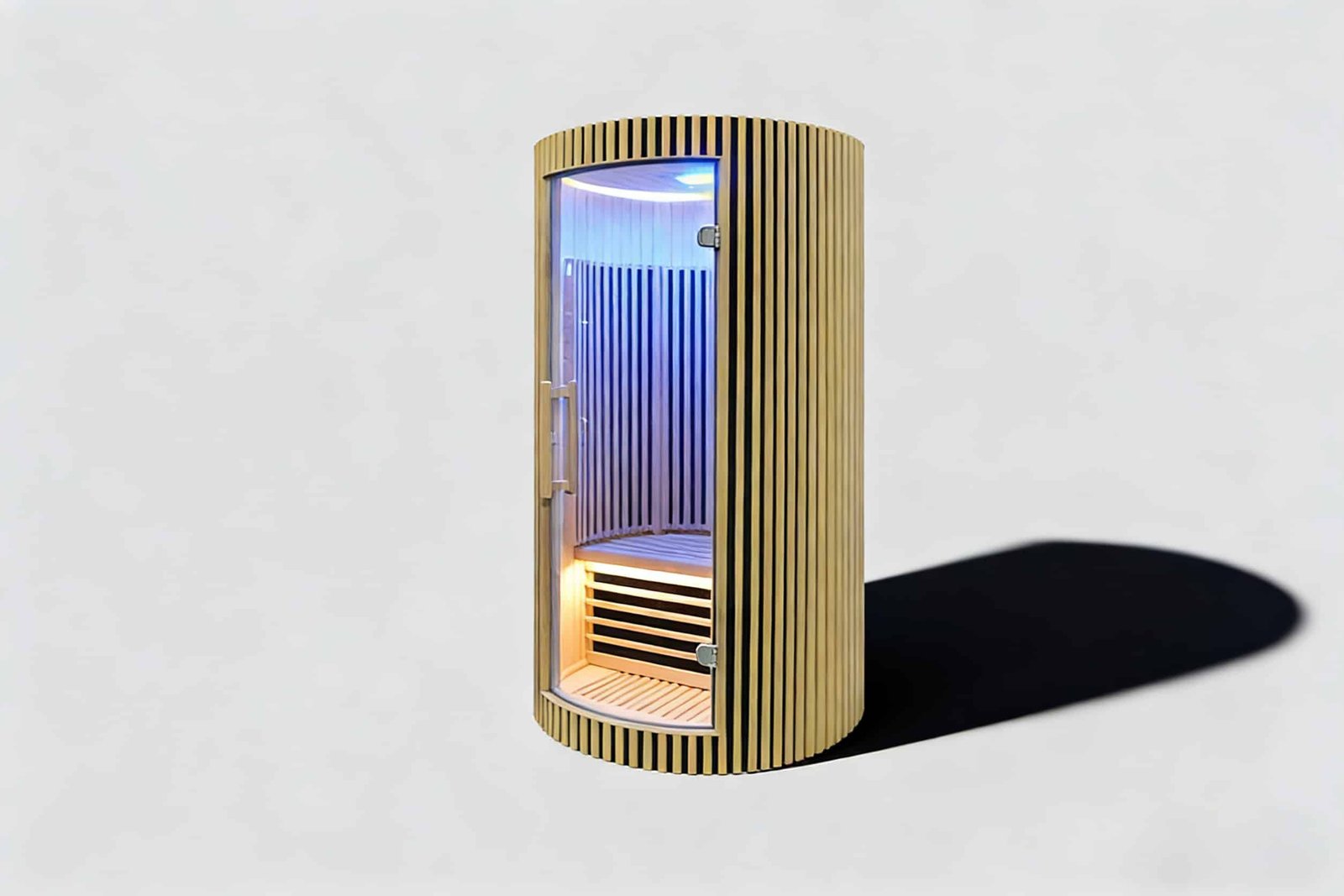 Bespoke vertical slat indoor far infrared sauna, high-end designer home therapy room with low EMF technology and atmospheric LED lighting.