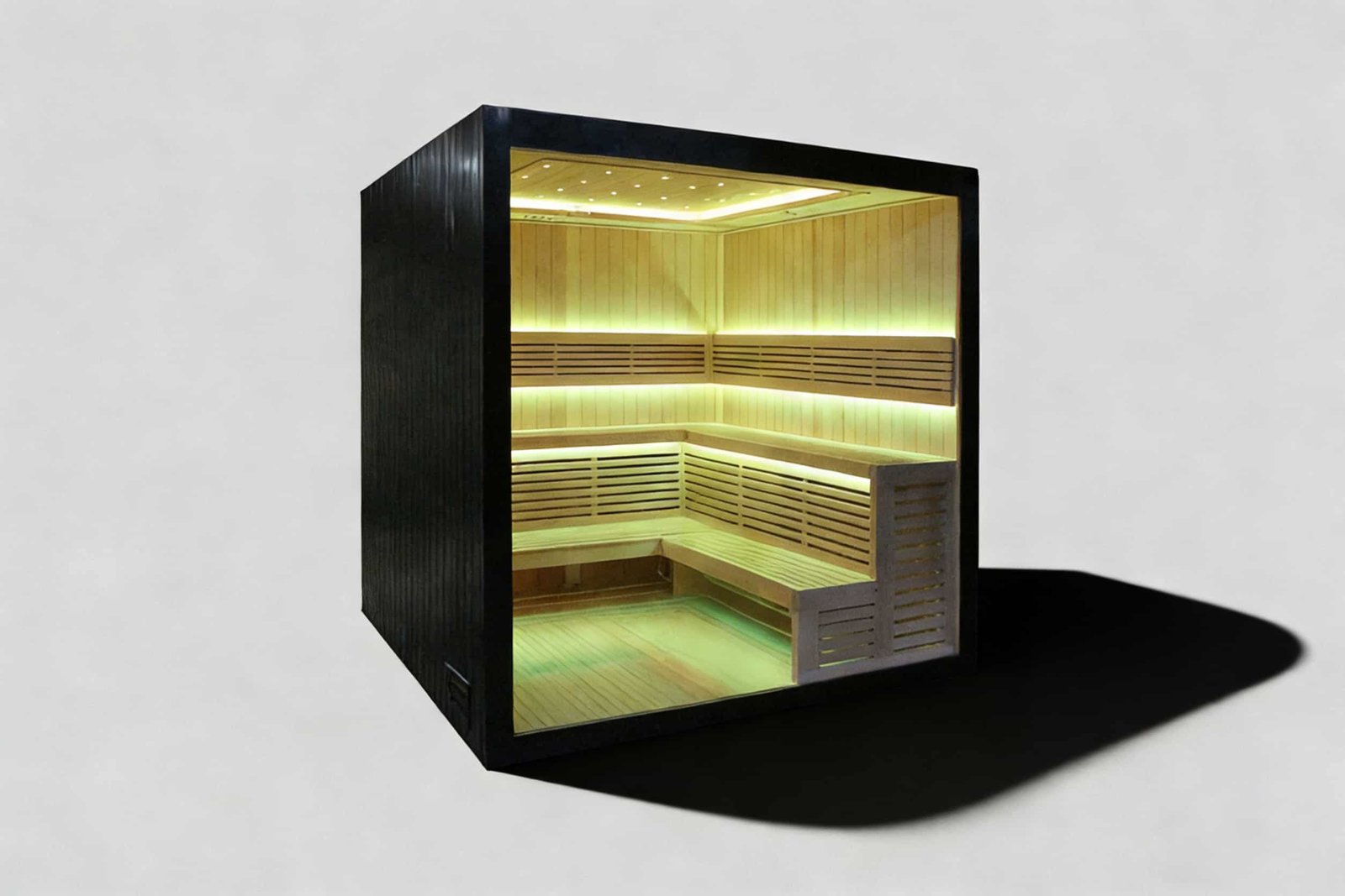 Spacious indoor far infrared family sauna cabin, handcrafted solid wood construction with advanced digital control panel for professional-grade home wellness.