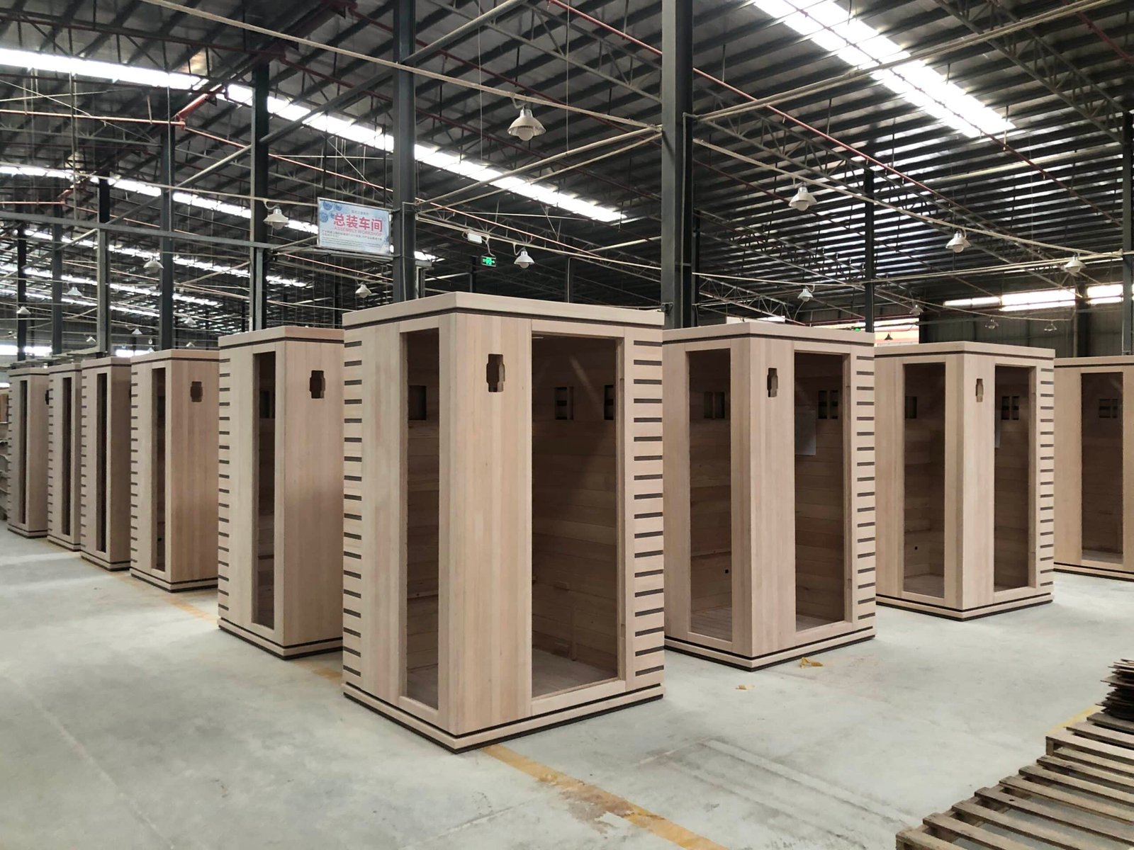 Sauna cabins in production