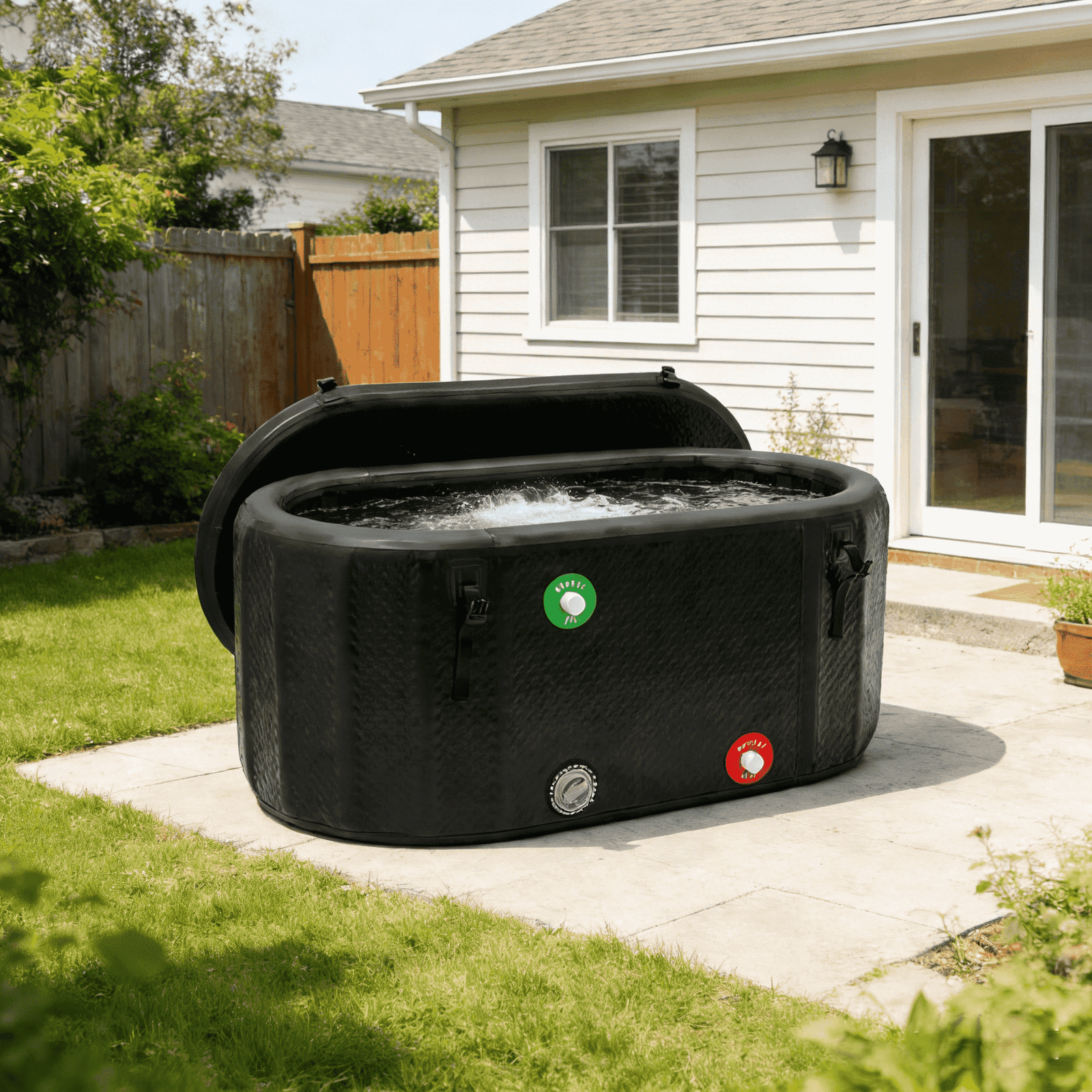 Compact inflatable ice bath tub for home wellness featuring a secure locking lid