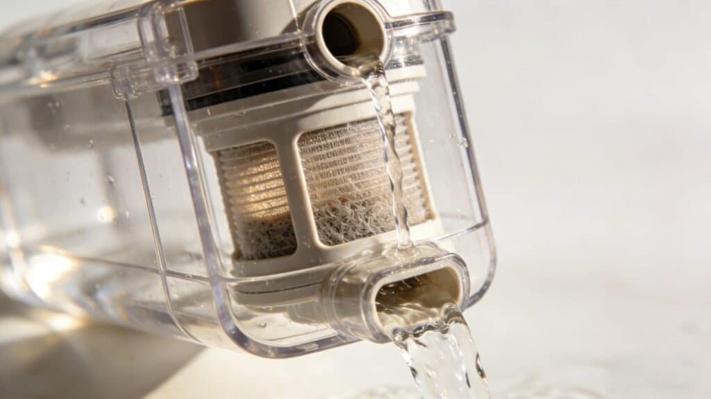 Close-up concept image of a transparent water filtration housing