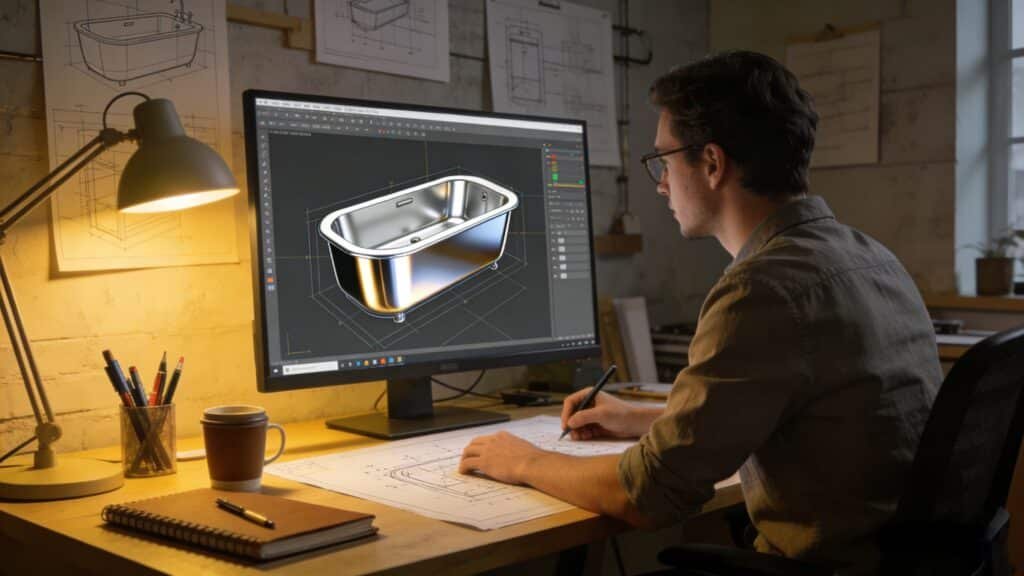 Design illustration of a person reviewing a tub model on a computer screen