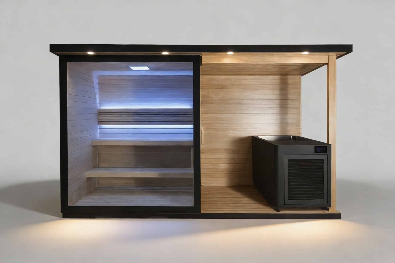 Luxury outdoor panoramic view sauna cabin with floor-to-ceiling tempered glass, premium thermal insulation for extreme climates and scenic landscapes.