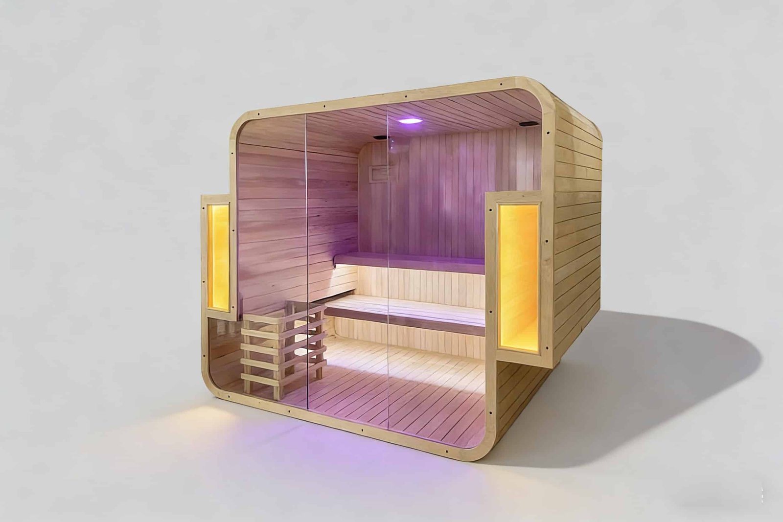 Contemporary curved outdoor sauna room with ergonomic seating, industrial-grade moisture resistance and high-performance electric heater compatibility.