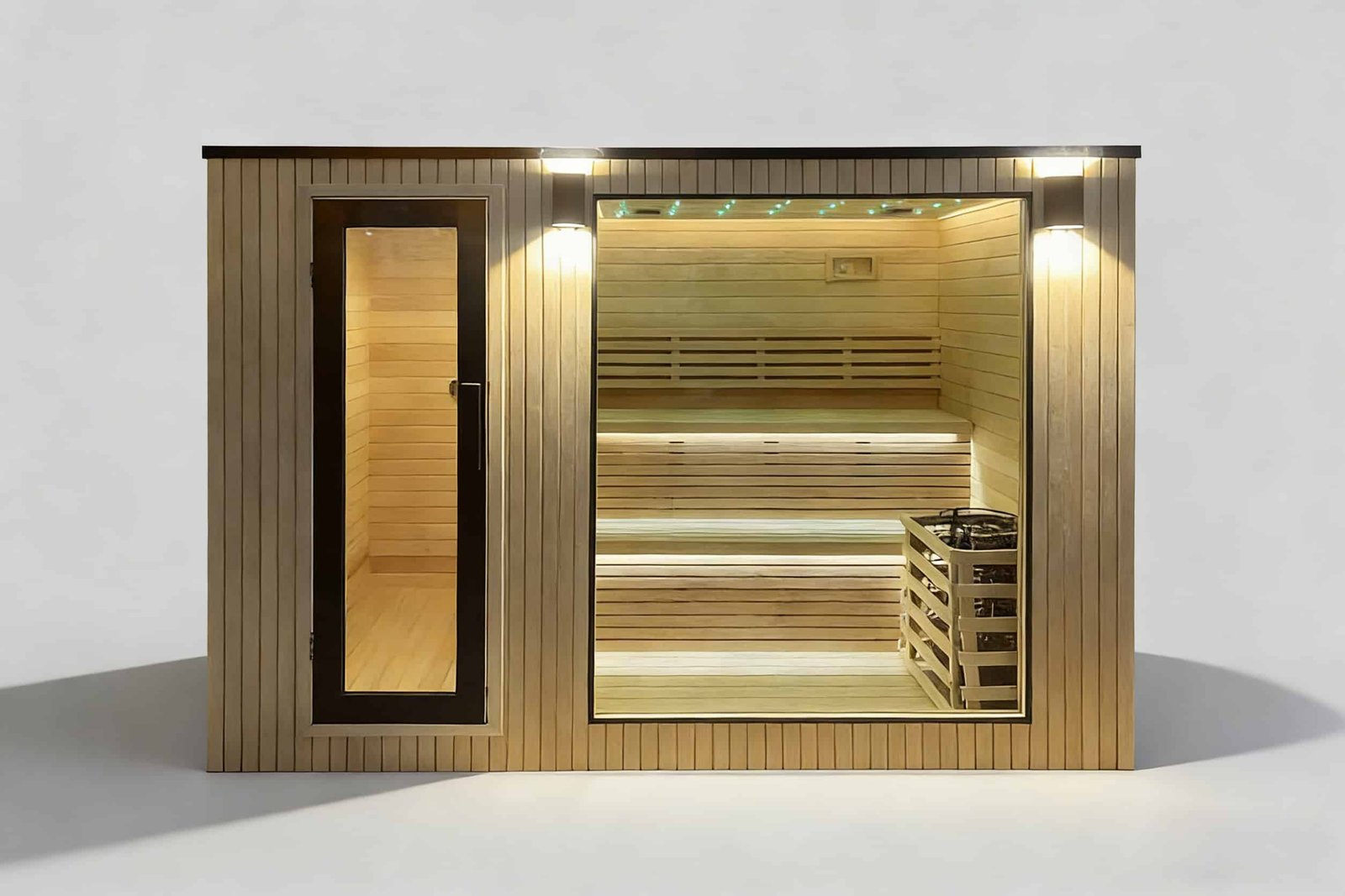 Professional outdoor panoramic Finnish sauna, high-capacity garden spa room with double-layered glass for maximum heat retention and durability.