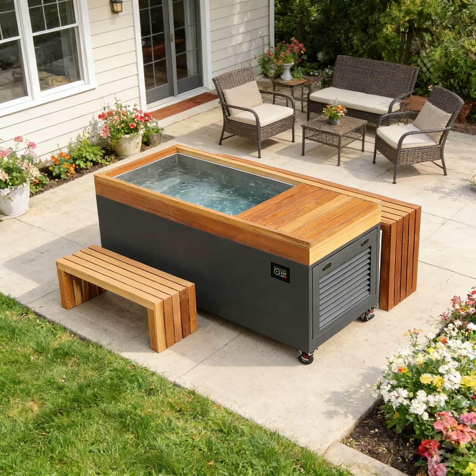 Stainless steel cold plunge tub installed in a residential backyard patio
