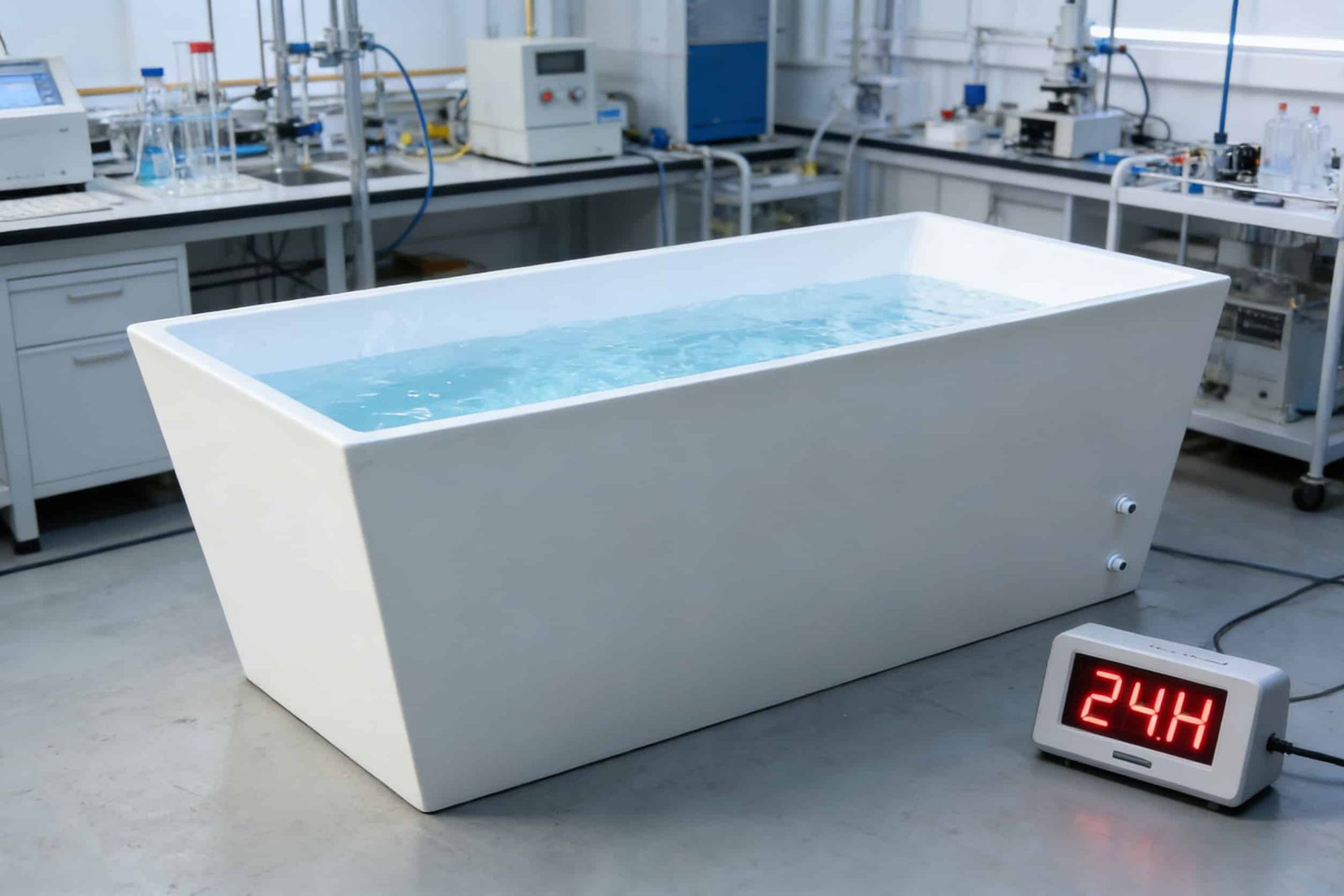 Acrylic cold plunge tub undergoing 24-hour pressure stress test in laboratory