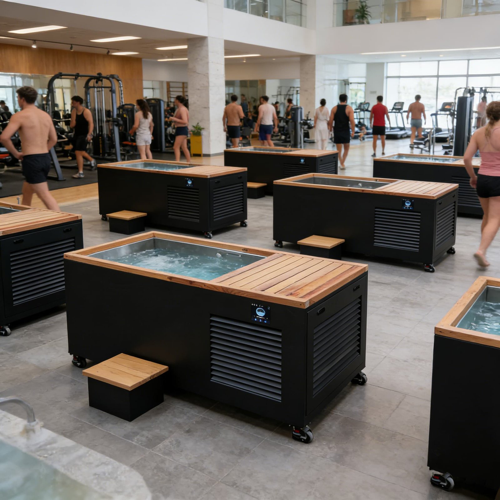 Commercial cold plunge systems on the floor of a CrossFit gym facility