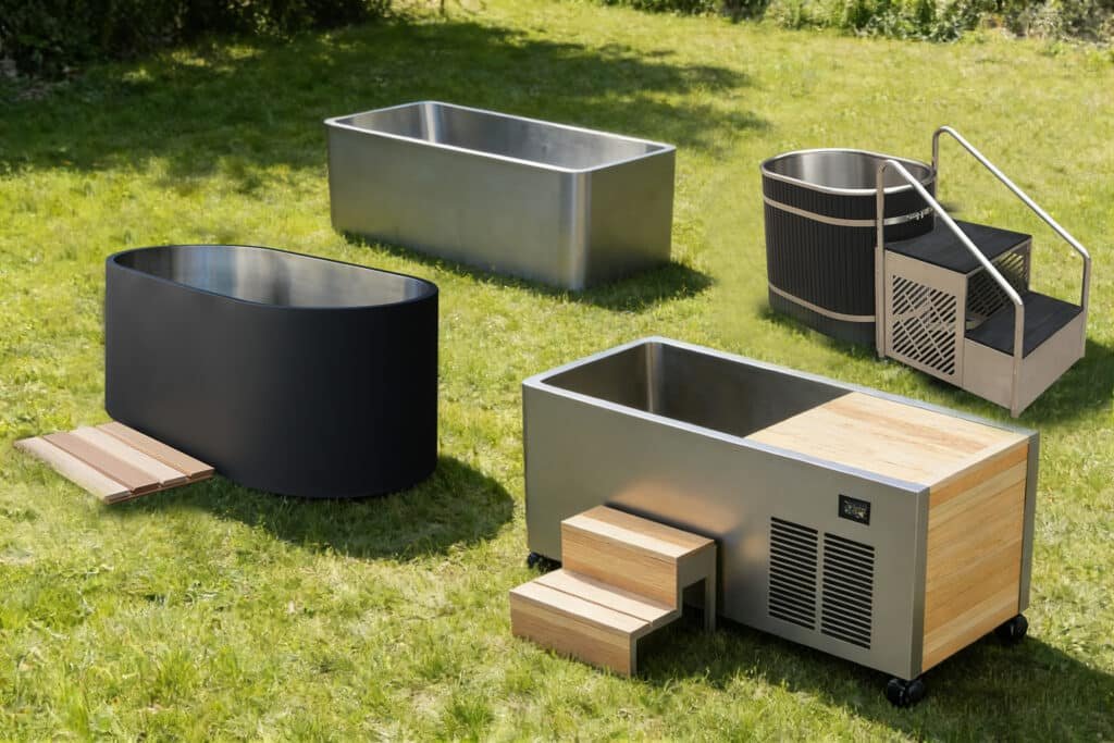 OMNI Ice commercial stainless steel cold plunge tub fleet with various finishes