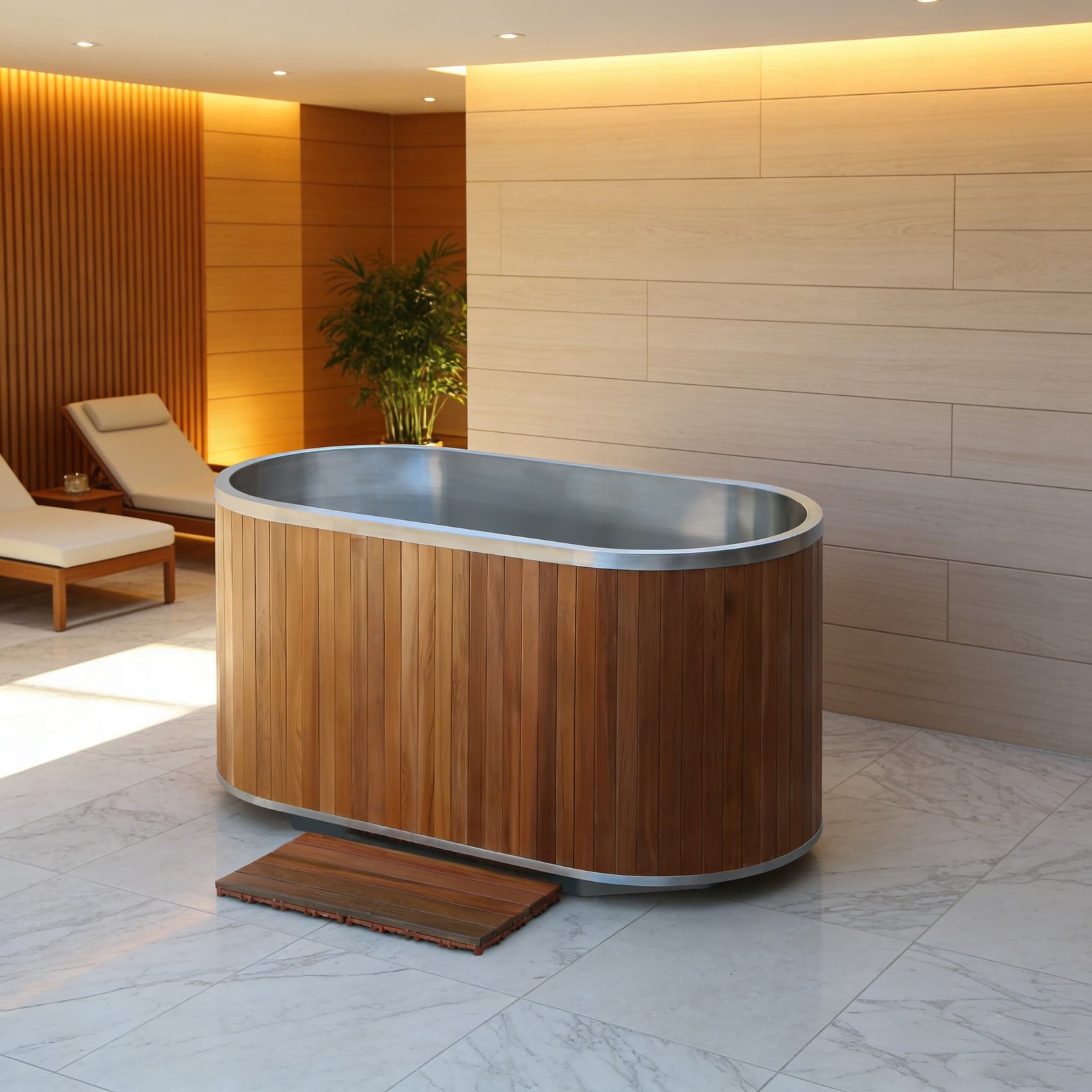Cold plunge tub as a wellness centerpiece in a luxury spa studio