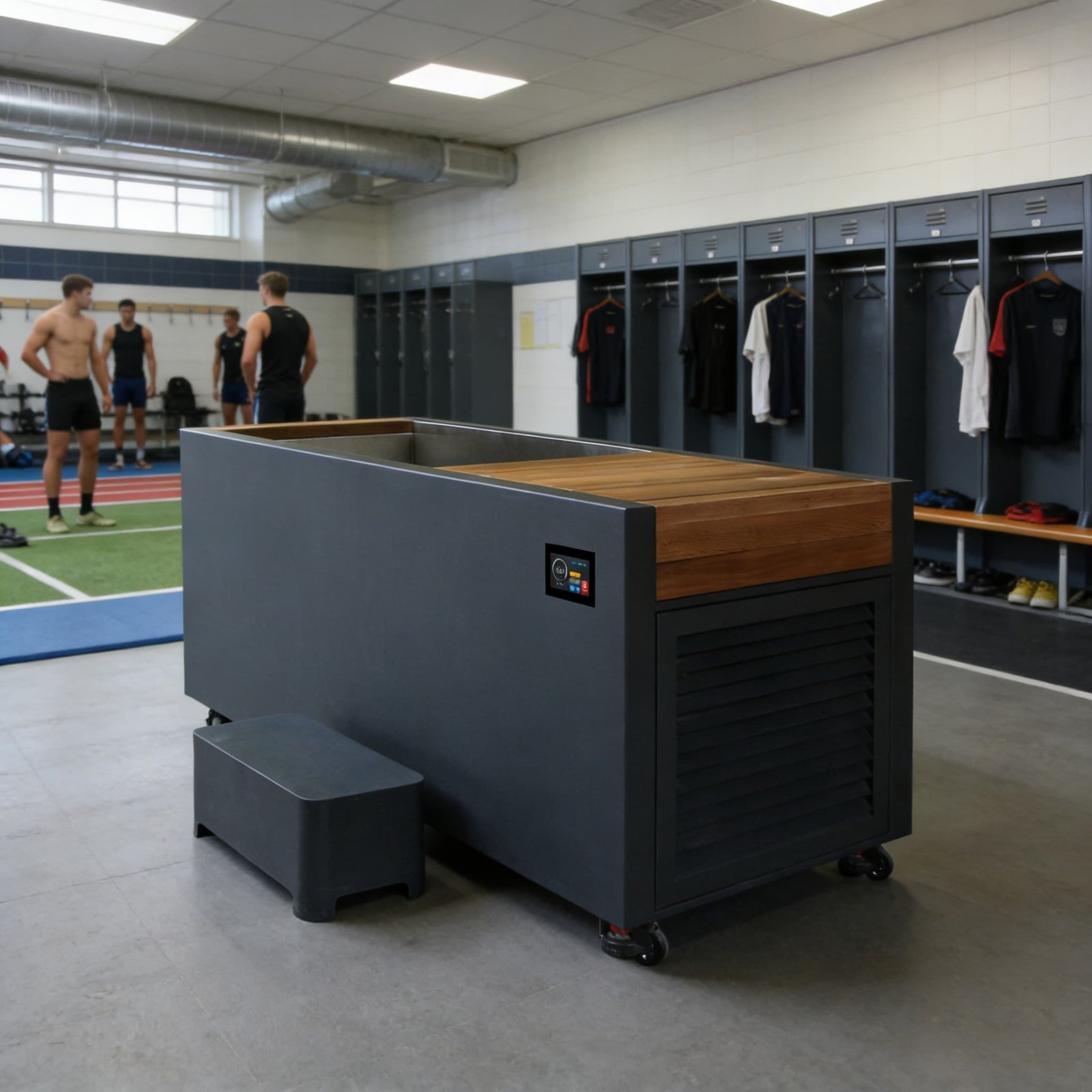 Cold plunge unit in a professional sports team locker room