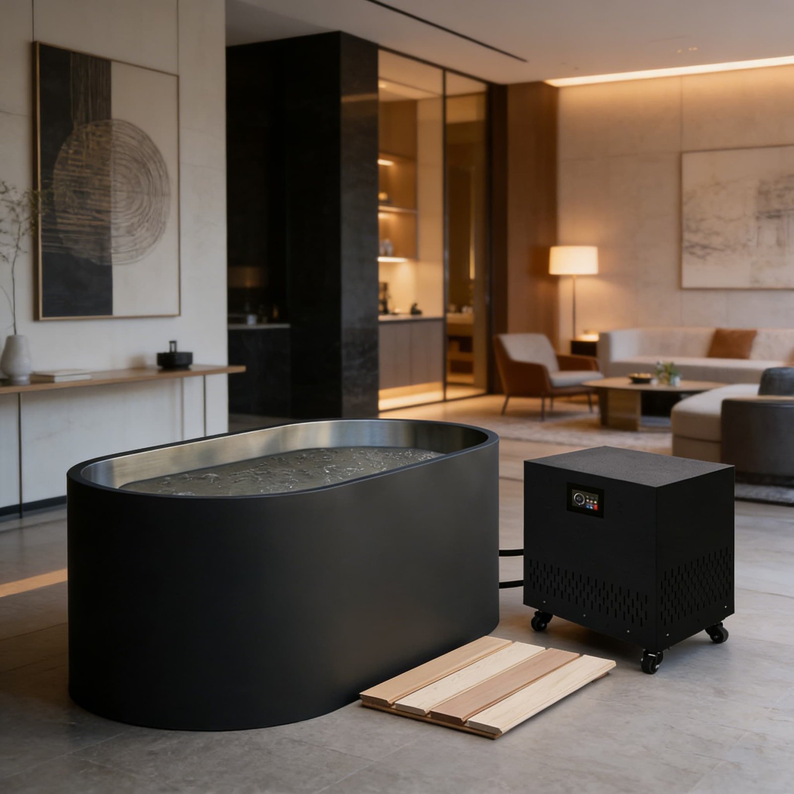 Cold plunge tub setup in a hotel suite recovery amenity area