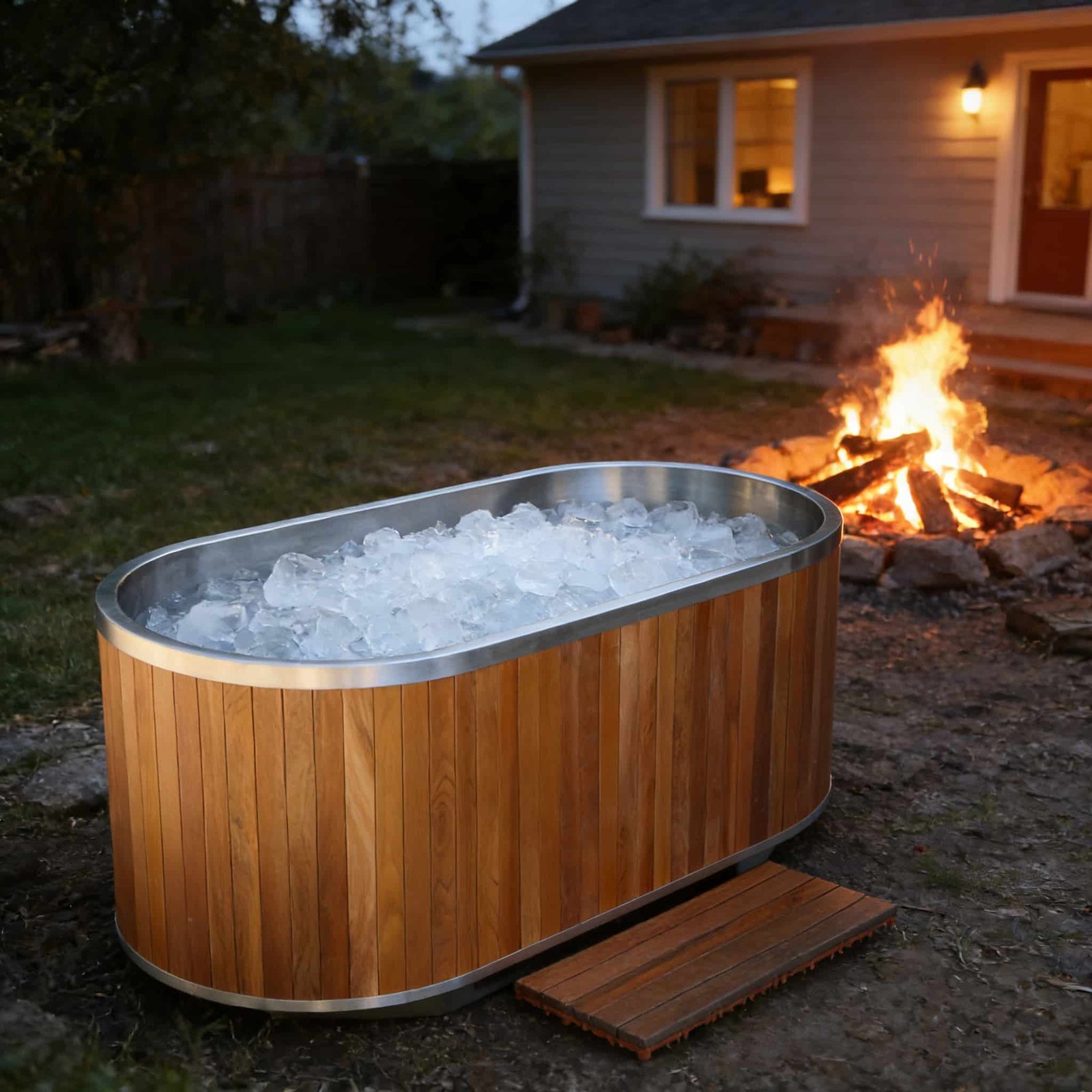 Ice-filled wood wrapped cold plunge outdoors near a fire