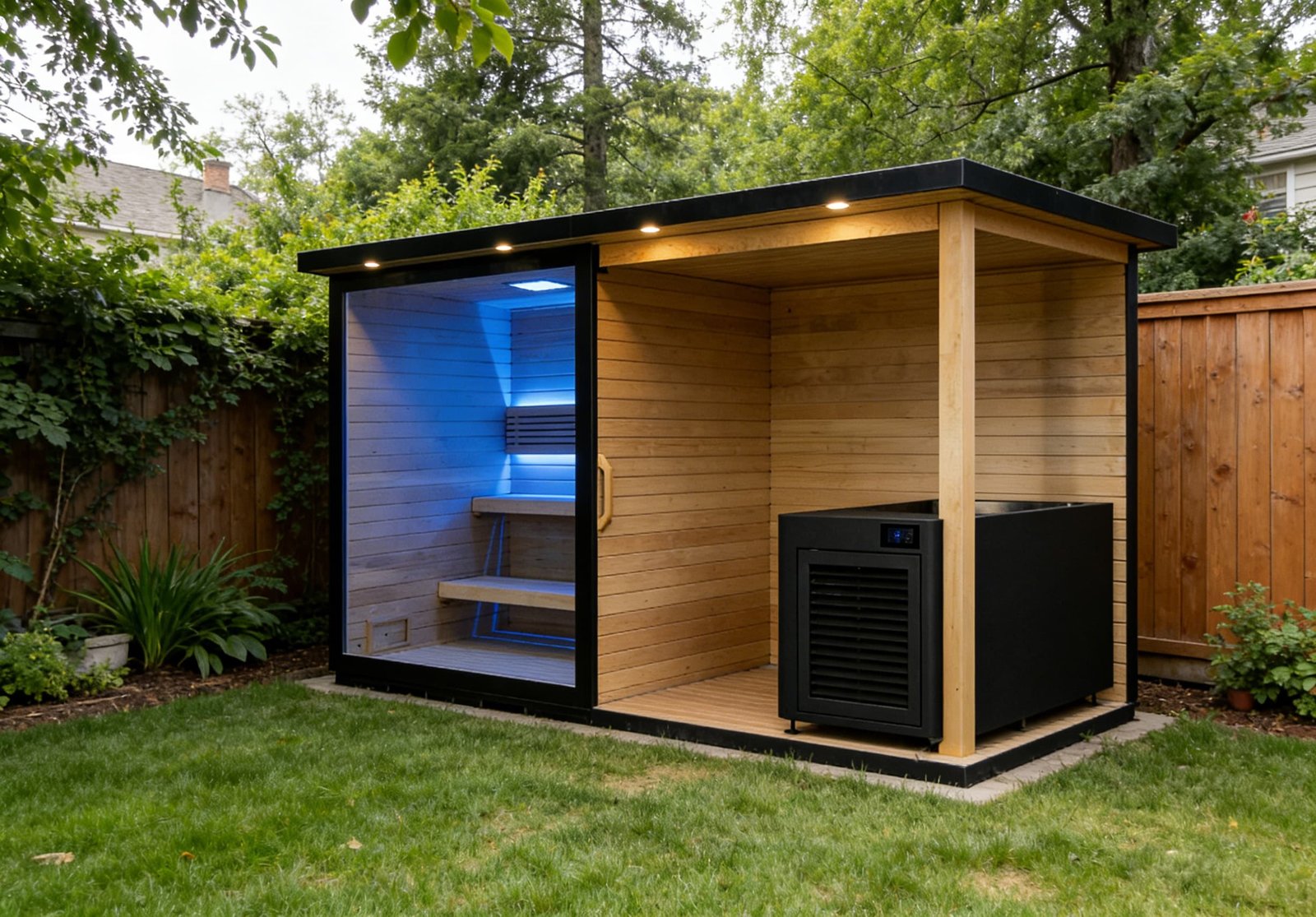 OMNI Ice outdoor sauna cold plunge combo unit — modular cedar sauna cabin with integrated cold plunge chiller for resort courtyards and outdoor wellness areas