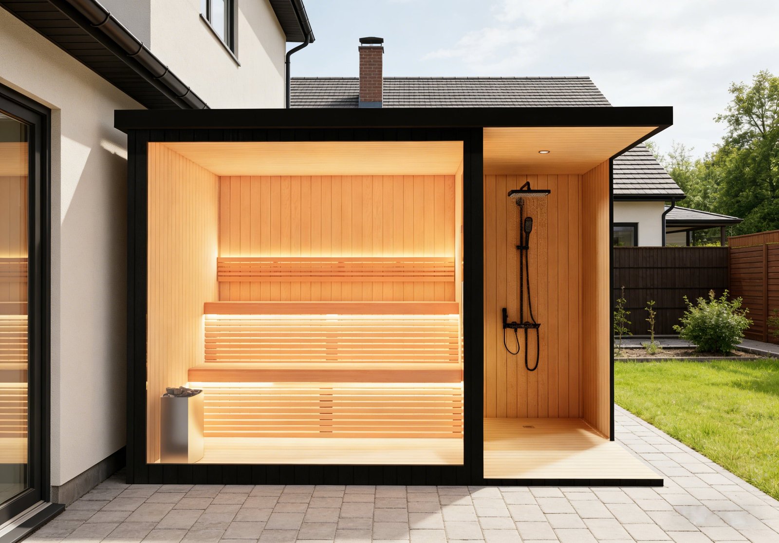 OMNI Ice outdoor sauna cold plunge combo cabin with shower — commercial-grade infrared sauna room for integrated hot-cold contrast therapy recovery systems