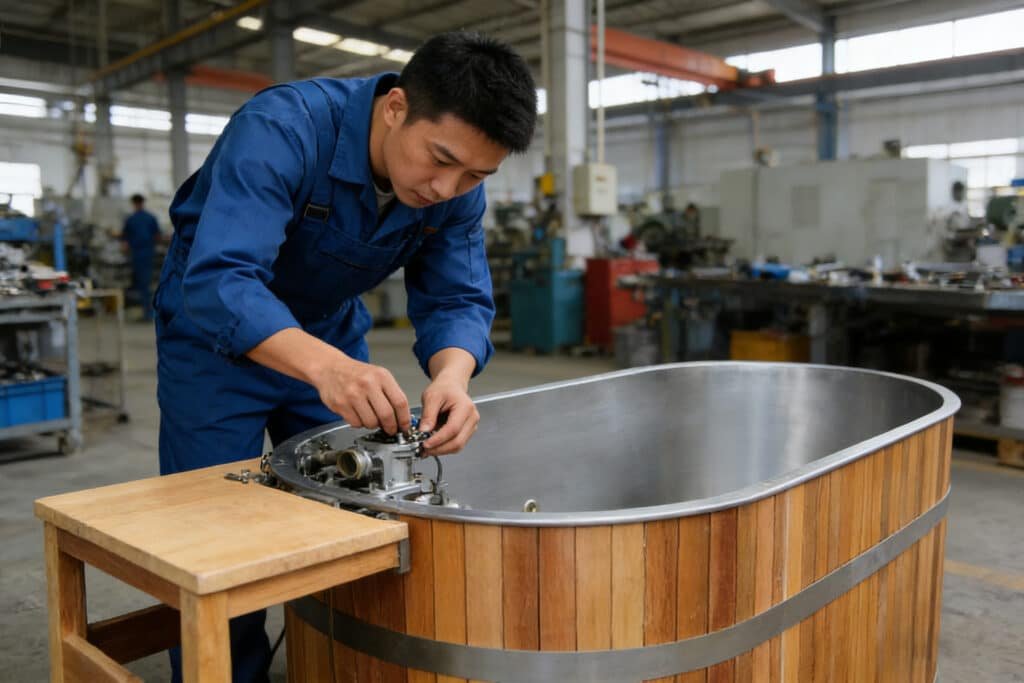 OMNI Ice technician assembling a commercial wooden cold plunge tub with 316L stainless steel liner
