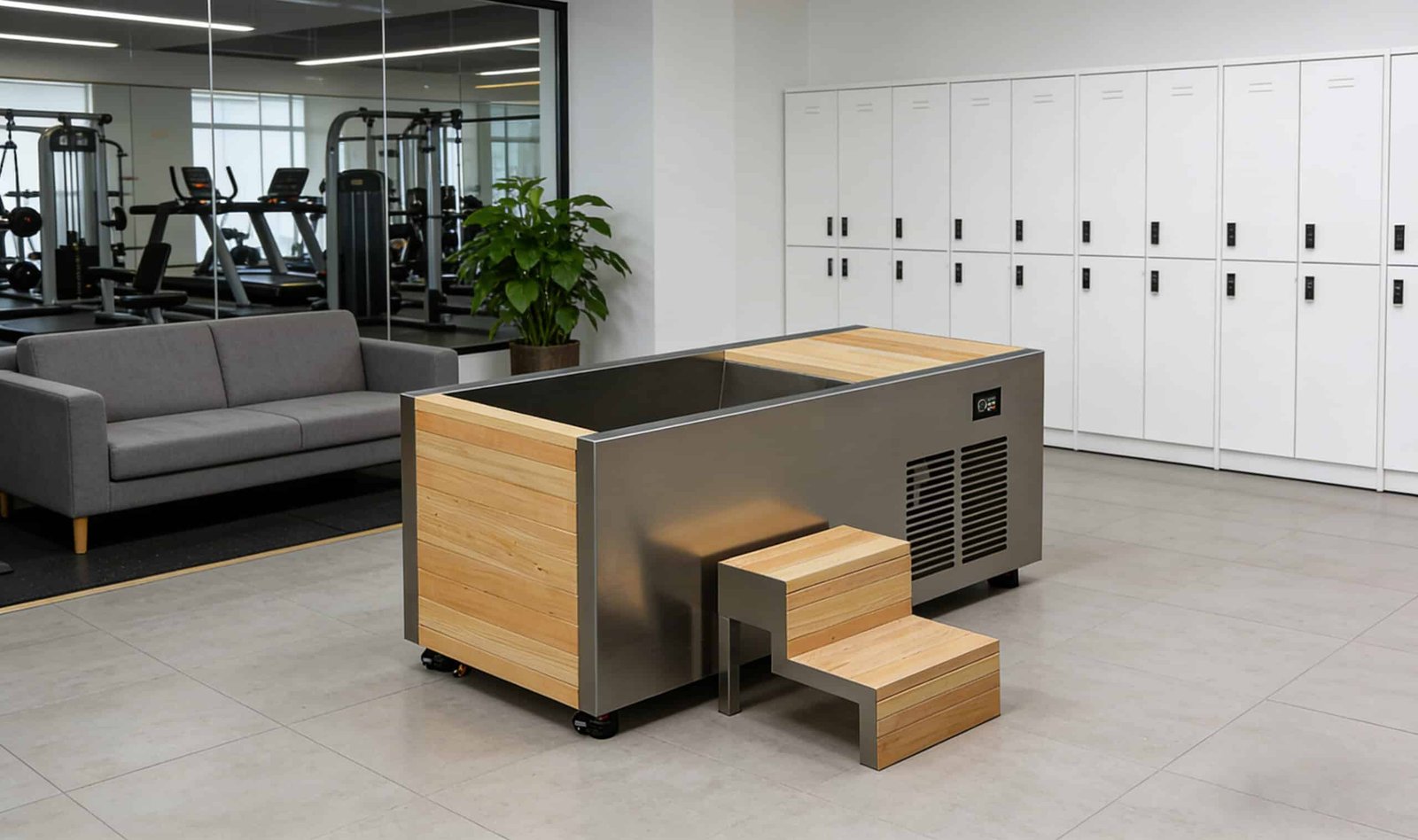 OMNI Ice rectangular cold plunge with wooden step stool in gym locker room — member retention amenity for fitness facilities