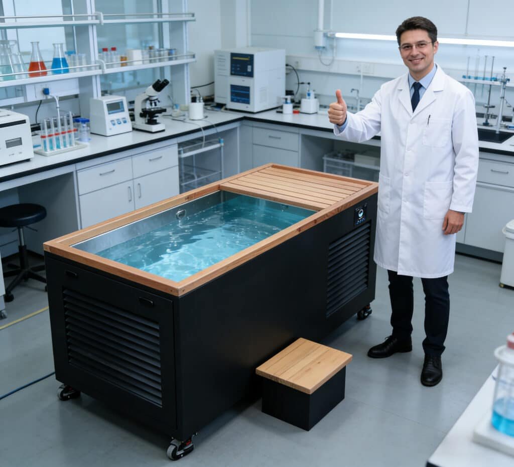 OMNI Ice sports recovery ice bath chiller with 316L stainless steel liner in laboratory testing environment