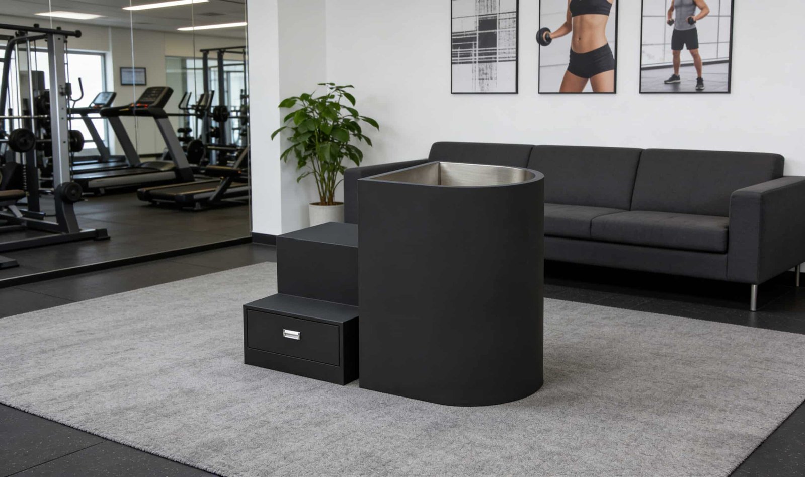 Black commercial cold plunge tub for premium "Platinum" gym membership programs and pay-per-plunge revenue models