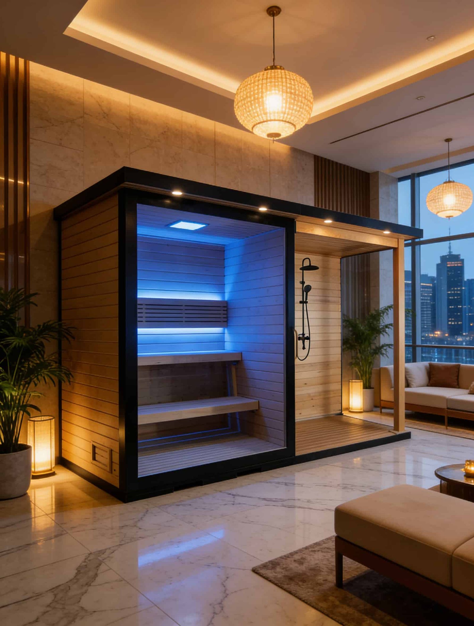 Standalone glass front sauna cabin with blue interior lighting
