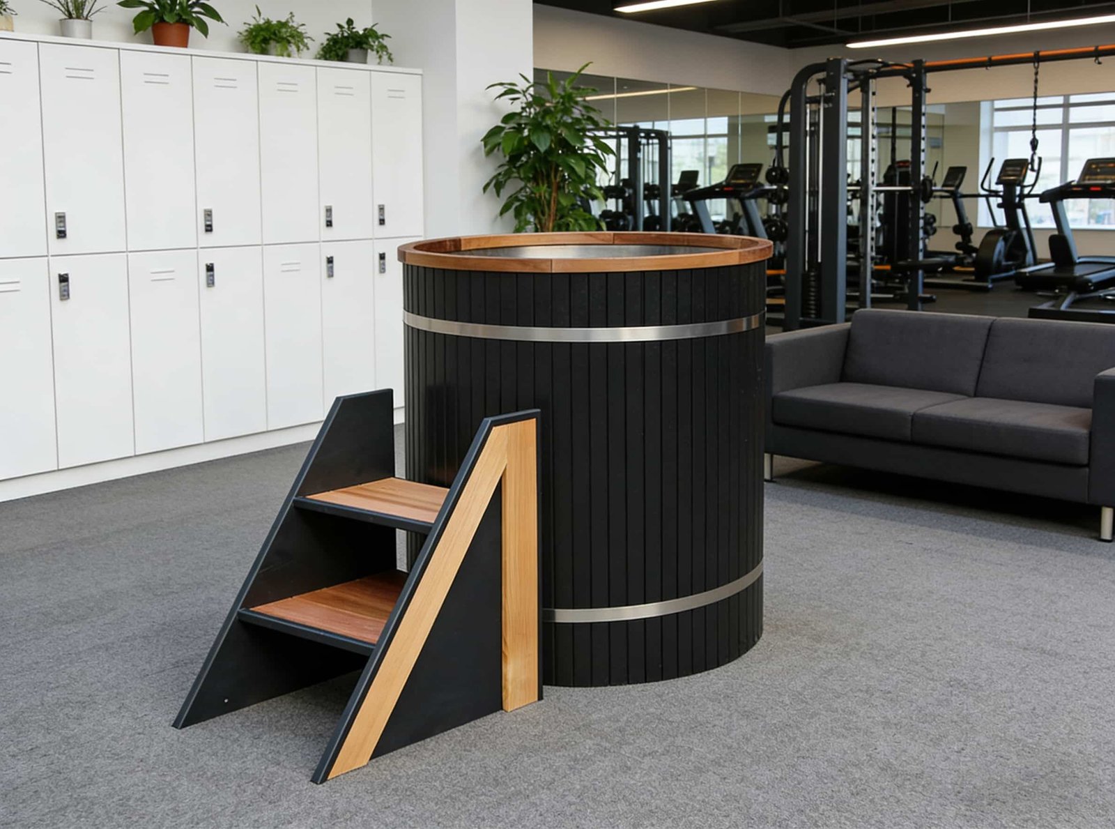 Barrel-style cold plunge for boutique gyms — self-cleaning 2HP system engineered for 24/7 intensive use