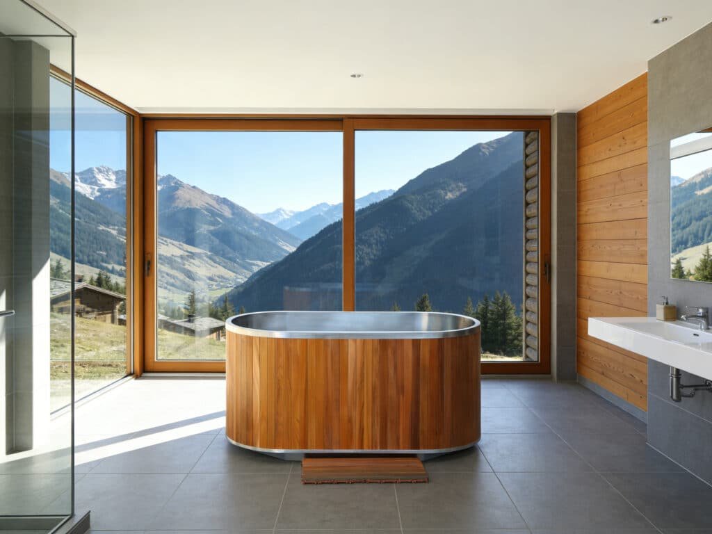OMNI Ice round wood-clad commercial cold plunge pool in alpine resort suite — surgical-grade 3°C recovery with premium interior design integration