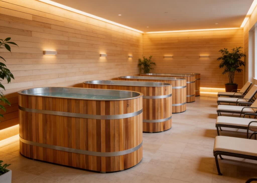 OMNI Ice Cold Plunge Tub Model WT-13 — multiple-unit installation for commercial spa floors in 5-star hotels and wellness resorts