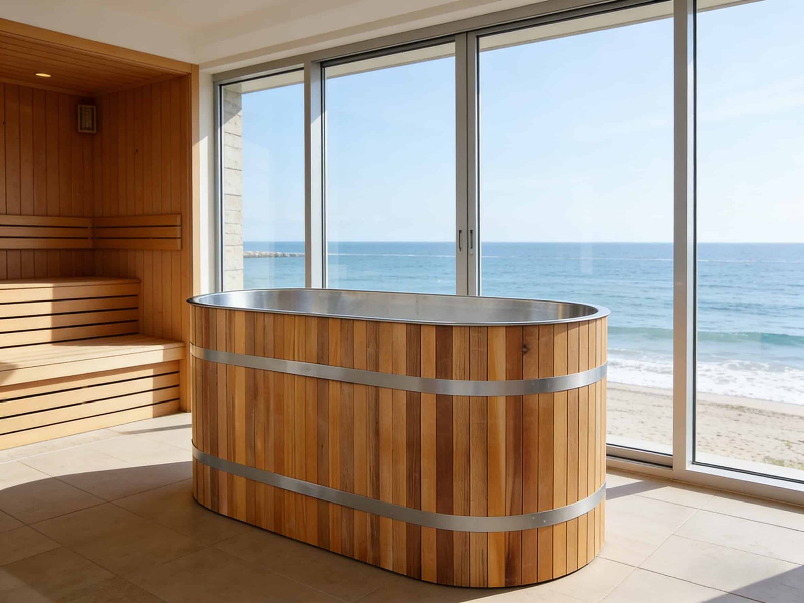 OMNI Ice WT-13 wooden cold plunge tub with cedar cladding installed in luxury beachfront hotel suite — 316L stainless steel interior with built-in chiller for resort spa applications