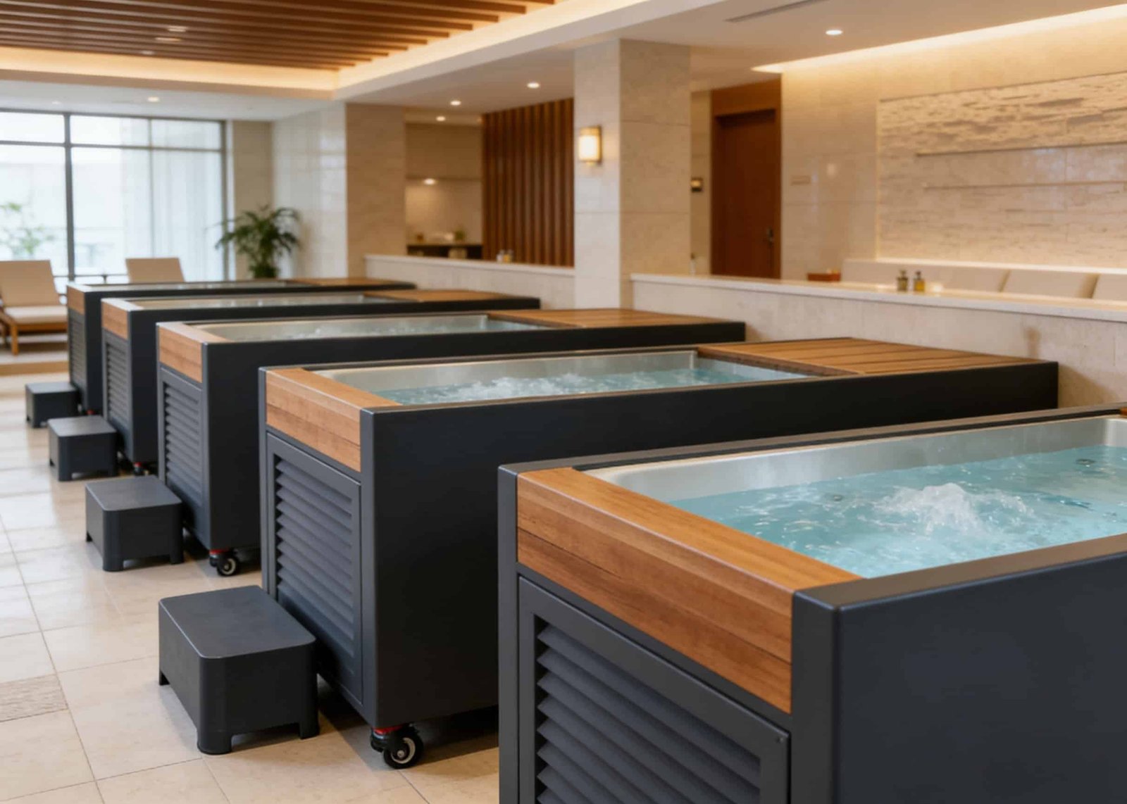 Rows of cold plunge stations arranged for group sports recovery use