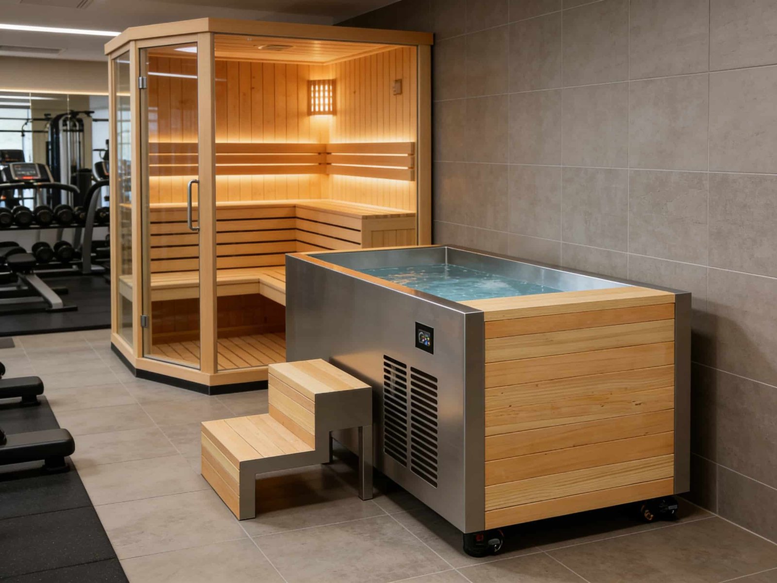 OMNI Ice commercial sauna cold plunge combo system in gym recovery zone — cedar-clad cold plunge tub with wooden step stool paired with glass-door infrared sauna room