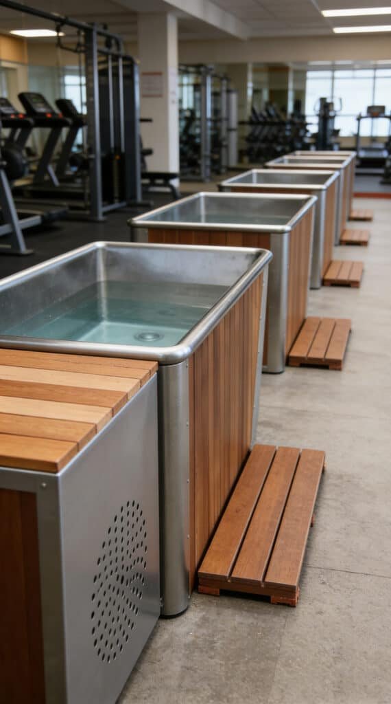Row of 316L stainless steel commercial cold plunge tubs with cedar trim in a high-traffic professional gym — dual-stage UV/ozone sanitation system