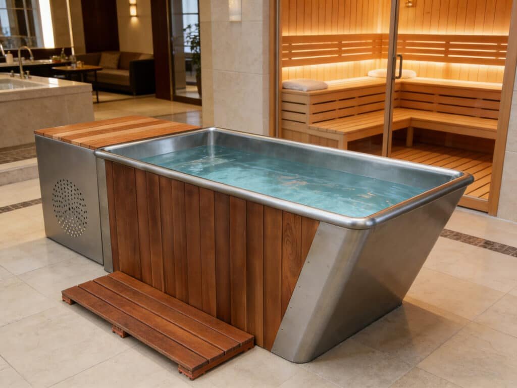 OMNI Ice stainless steel commercial cold plunge tub with cedar cladding in luxury spa — sauna cold plunge combo featuring dual-stage UV/ozone sanitation and 2HP industrial chiller