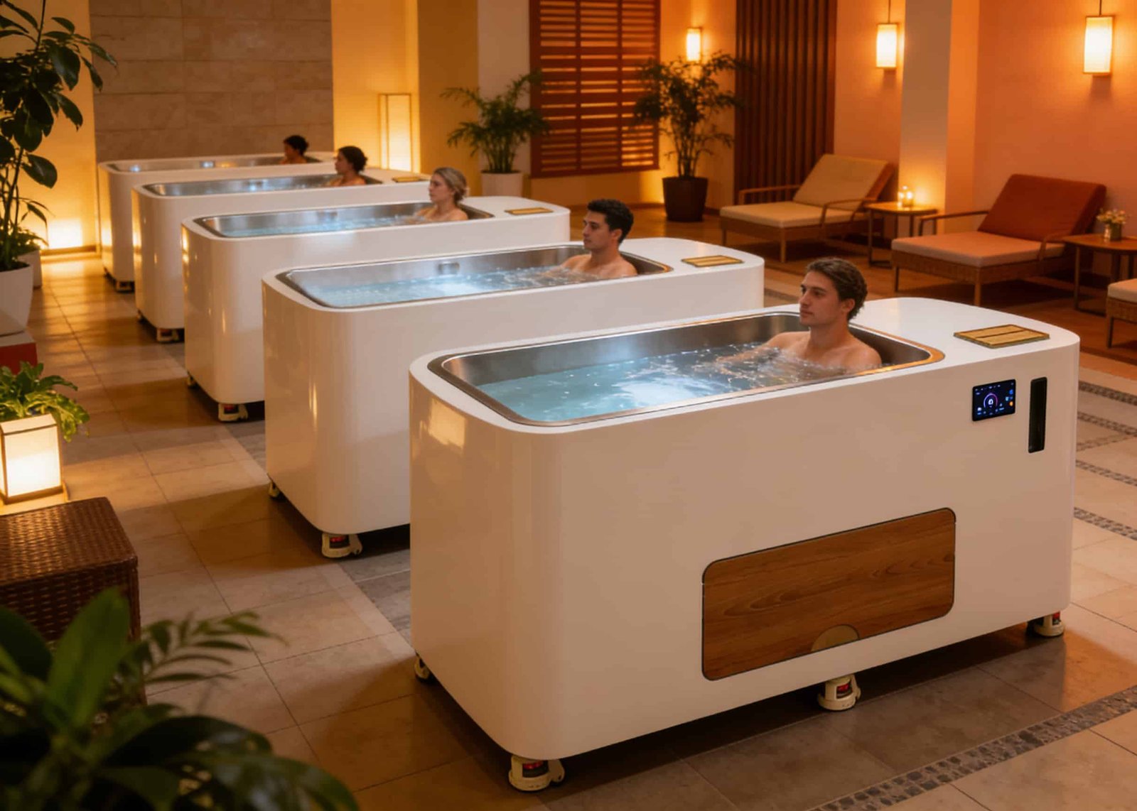 Guests using OMNI Ice commercial cold plunge pools in a luxury resort spa — high-traffic 316L stainless steel units with automated UV-ozone sanitation