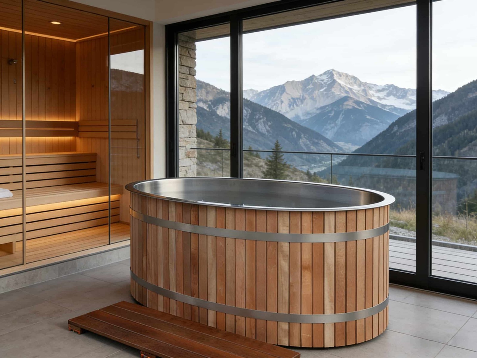 Round timber cold plunge inside a mountain-view sauna room