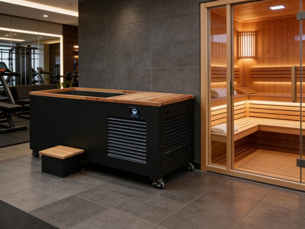 OMNI Ice black commercial cold plunge tub with teak lid alongside infrared sauna room — unified sauna cold plunge combo system for high-traffic gym facilities