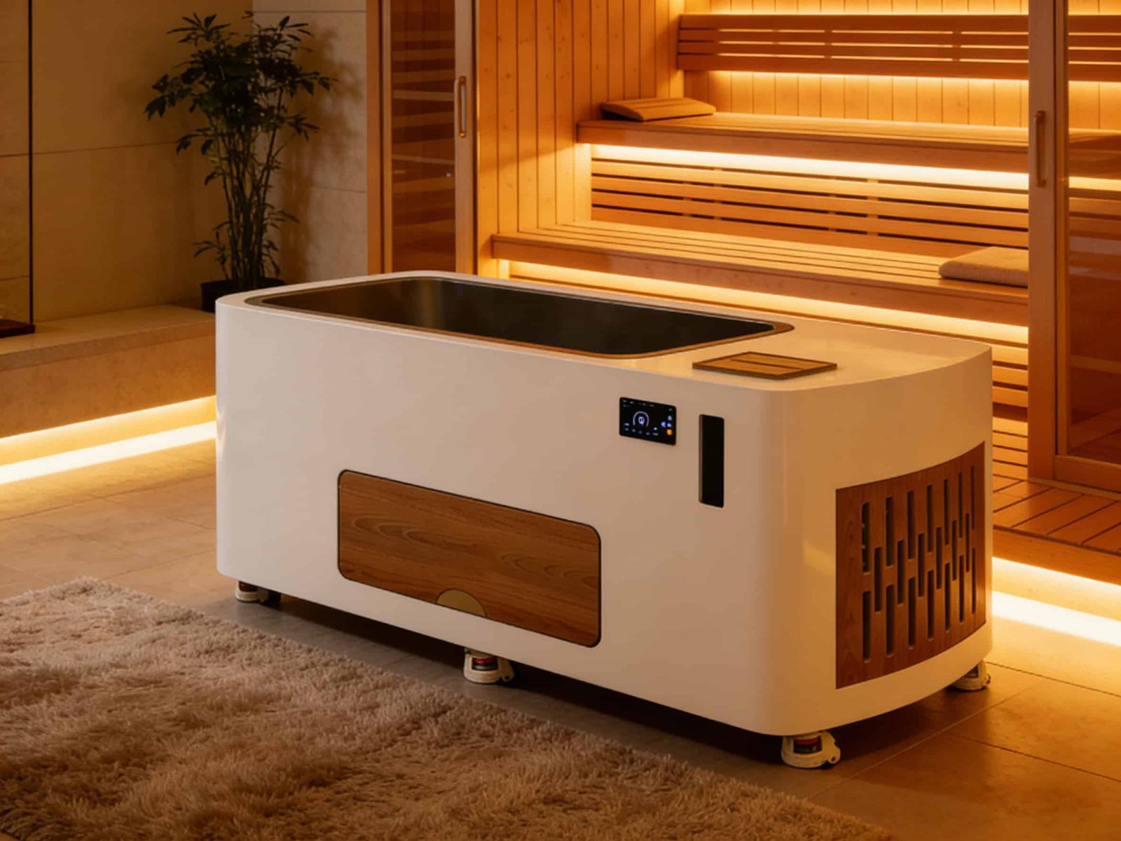 Compact white integrated cold plunge positioned in front of a sauna