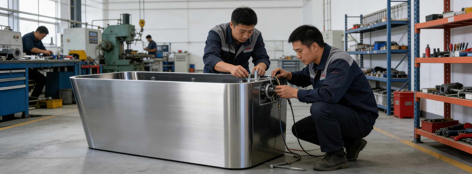 Commercial cold plunge pool factory production and quality control — OMNI Ice industrial manufacturing for global resort and hospitality projects