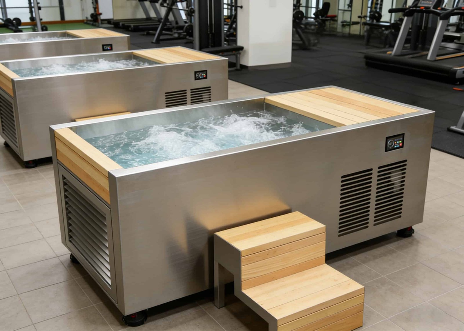 Commercial sports recovery ice bath chiller units installed in professional gym facility