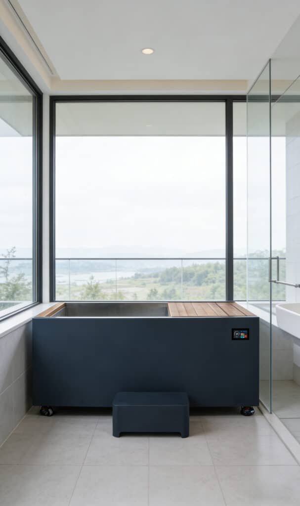 OMNI Ice bespoke commercial cold plunge pool integrated into luxury oceanview resort suite — custom exterior finish to match premium interior design