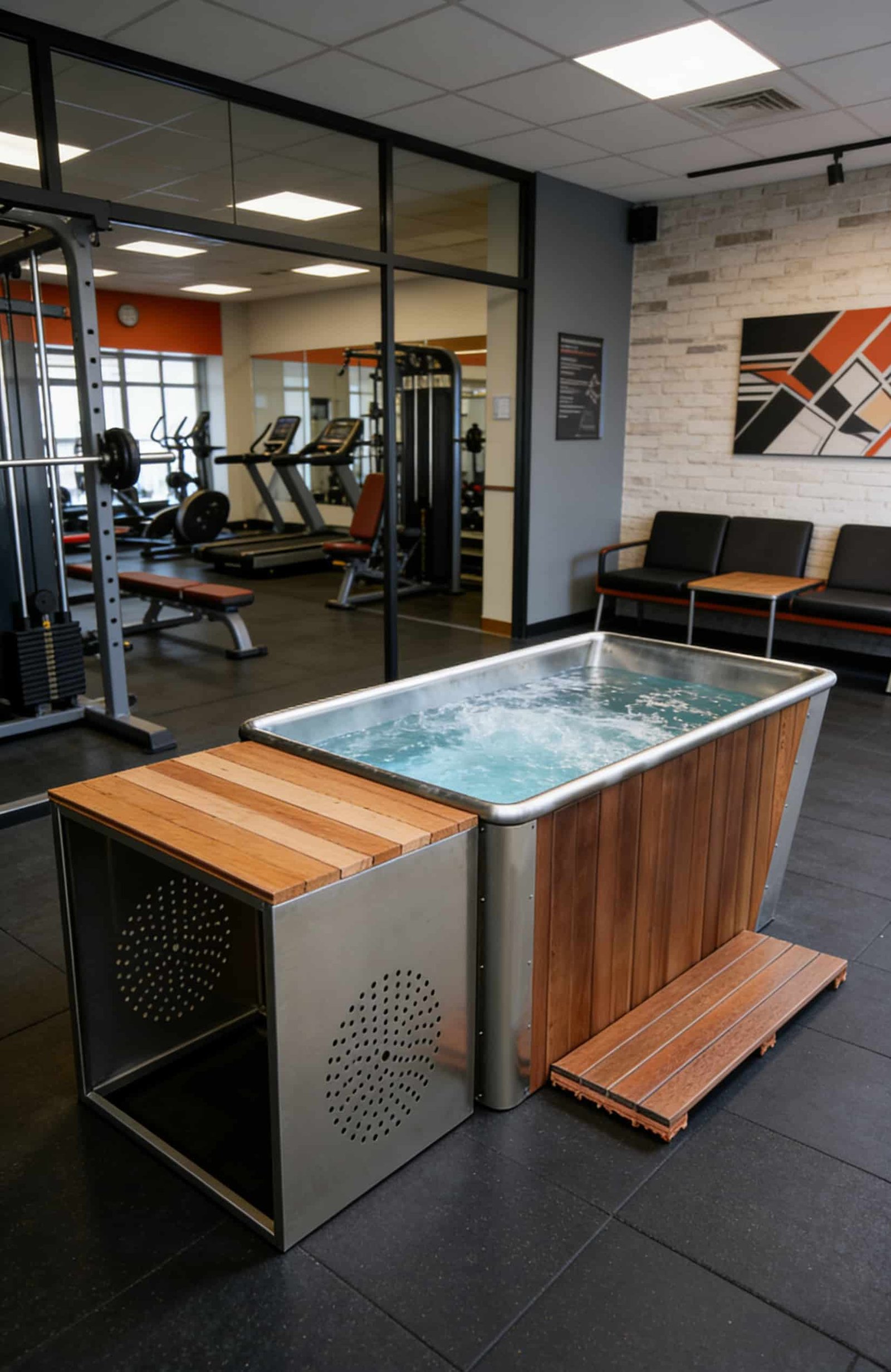 Commercial stainless steel sports recovery ice bath tub with wood trim for professional athletic facilities