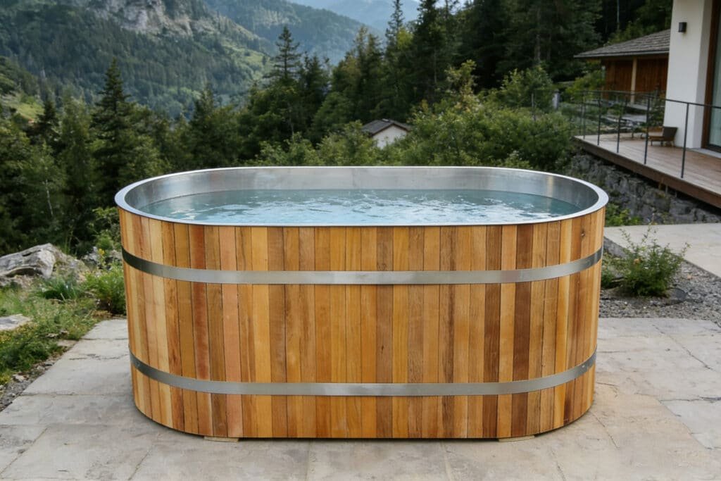 Outdoor wooden cold plunge tub on mountain lodge terrace with alpine scenery