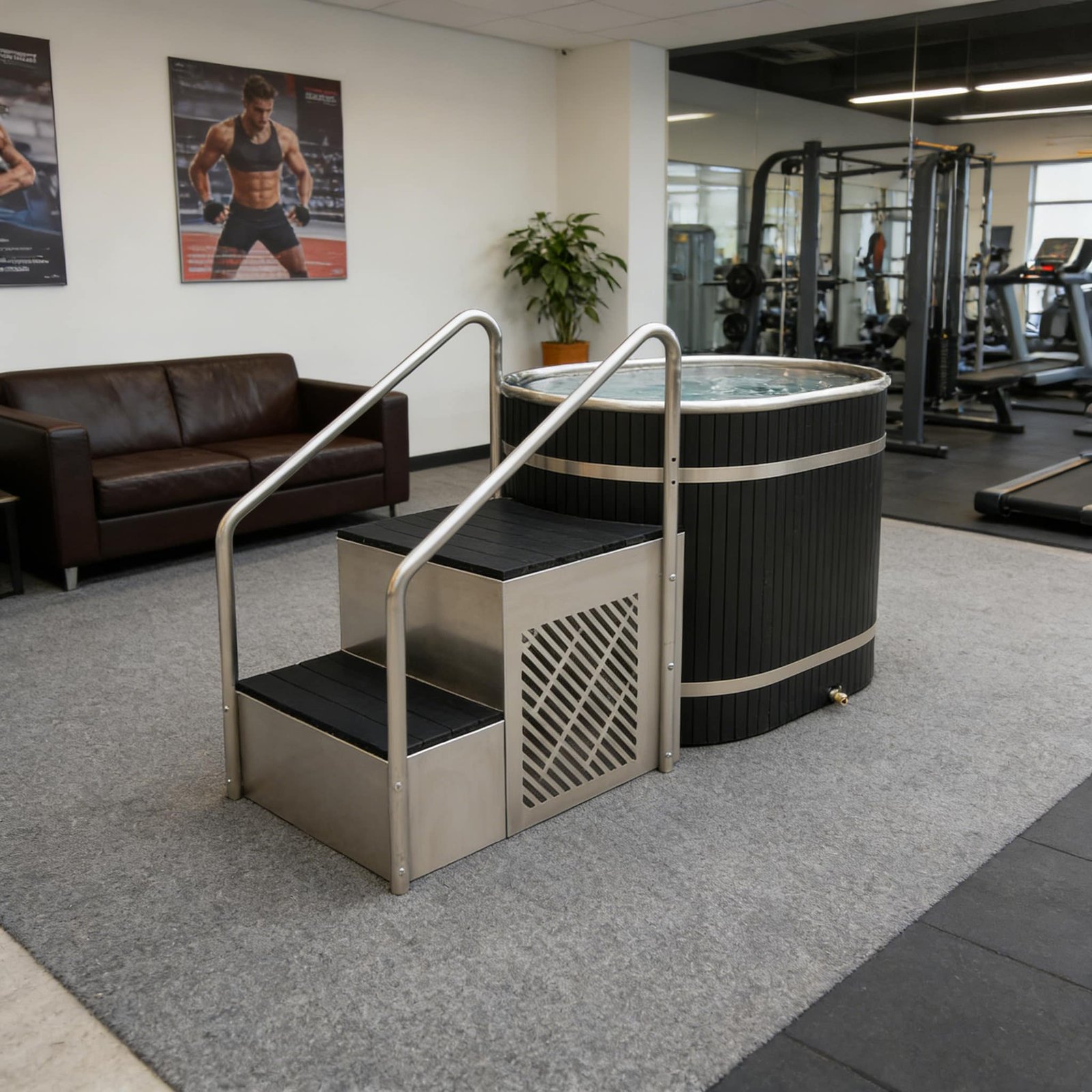 OMNI Ice round barrel commercial cold plunge for gyms — premium design with wooden step mat for elite recovery facilities
