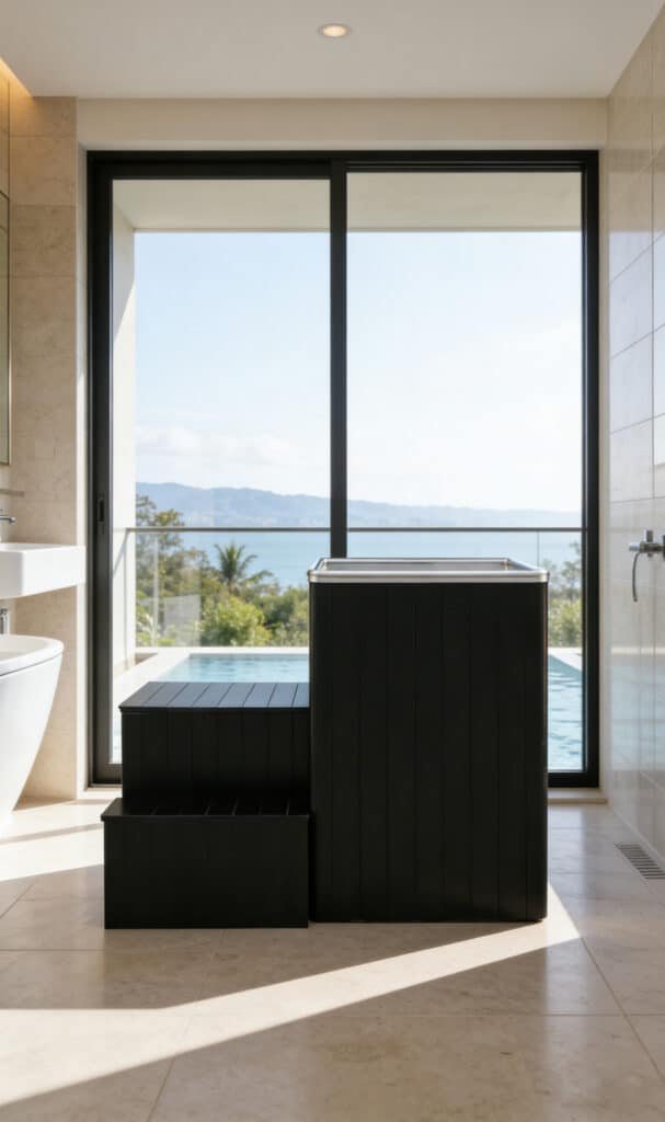 Custom-clad OMNI Ice commercial cold plunge pool on private resort terrace — floor-level architectural integration for 5-star hospitality environments