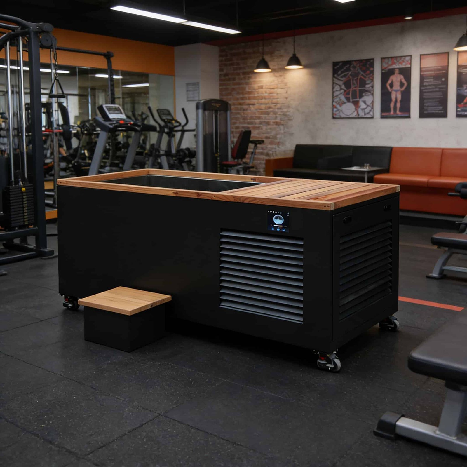 OMNI Ice rectangular cold plunge with wooden entry steps — commercial-grade recovery unit for professional gym facilities