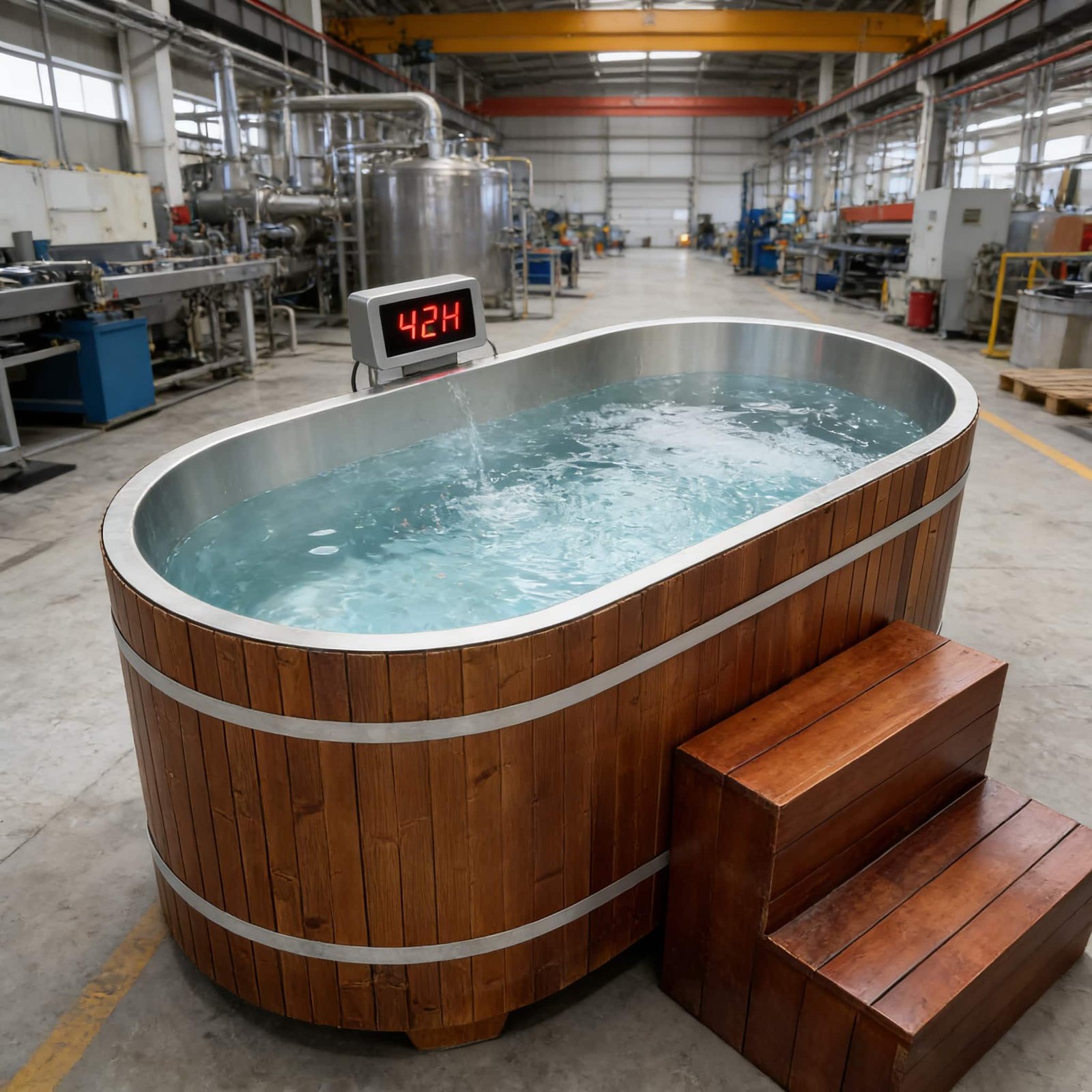 Oval wood wrapped cold plunge undergoing temperature testing