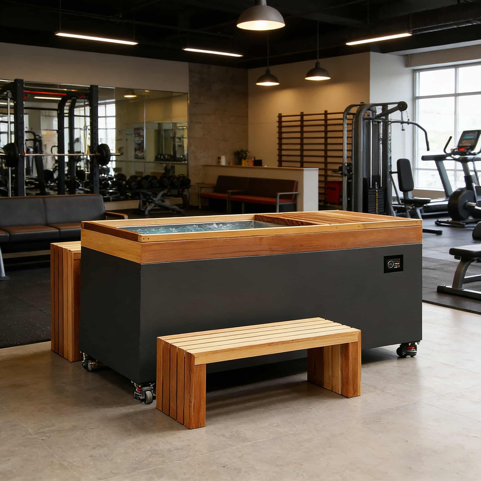 OMNI Ice rectangular commercial cold plunge with matching wooden bench — 3°C precision temperature control for gym recovery areas