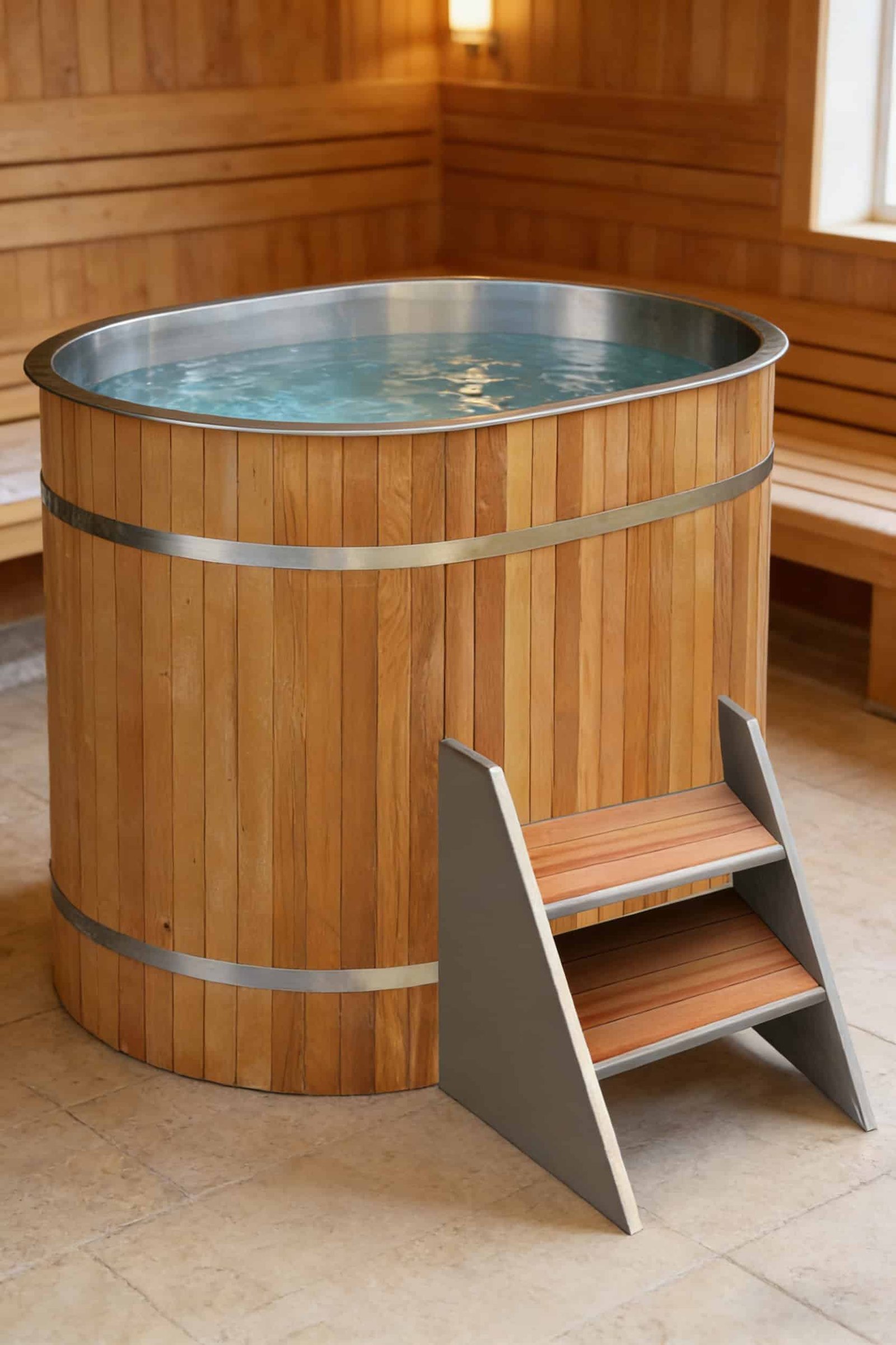 Round cedar cold plunge barrel with entry steps for commercial gyms and spa recovery centers