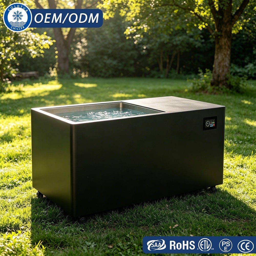WT-11 stainless steel cold plunge tub side view — rectangular commercial ice bath, outdoor patio setup