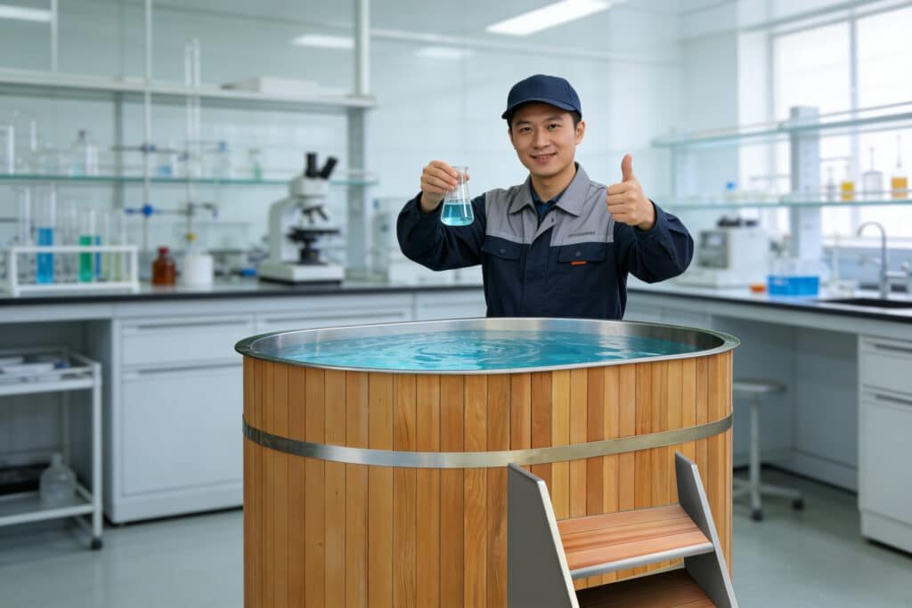 Wooden cold plunge tub automated water management system approved by OMNI Ice technician