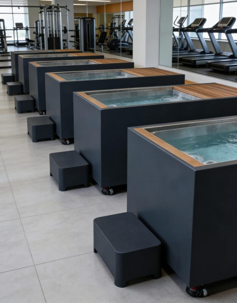 Row of premium commercial cold plunge units in elite athlete training club — industrial power meets high-end recovery aesthetic